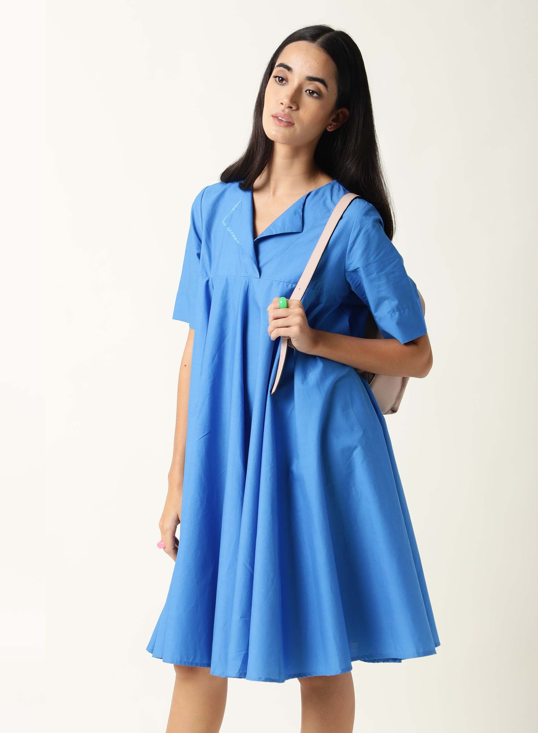 WOMENS ARRAY BLUE DRESS COTTON FABRIC LOOSE FIT HALF SLEEVE LAPEL NECK