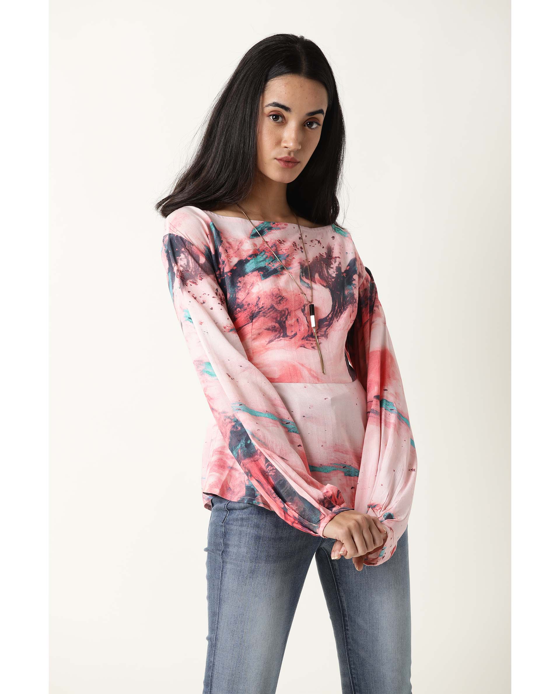 WOMENS TRIVIA MULTI TOP Viscose FABRIC Regular FIT Balloon Sleeve Round Neck