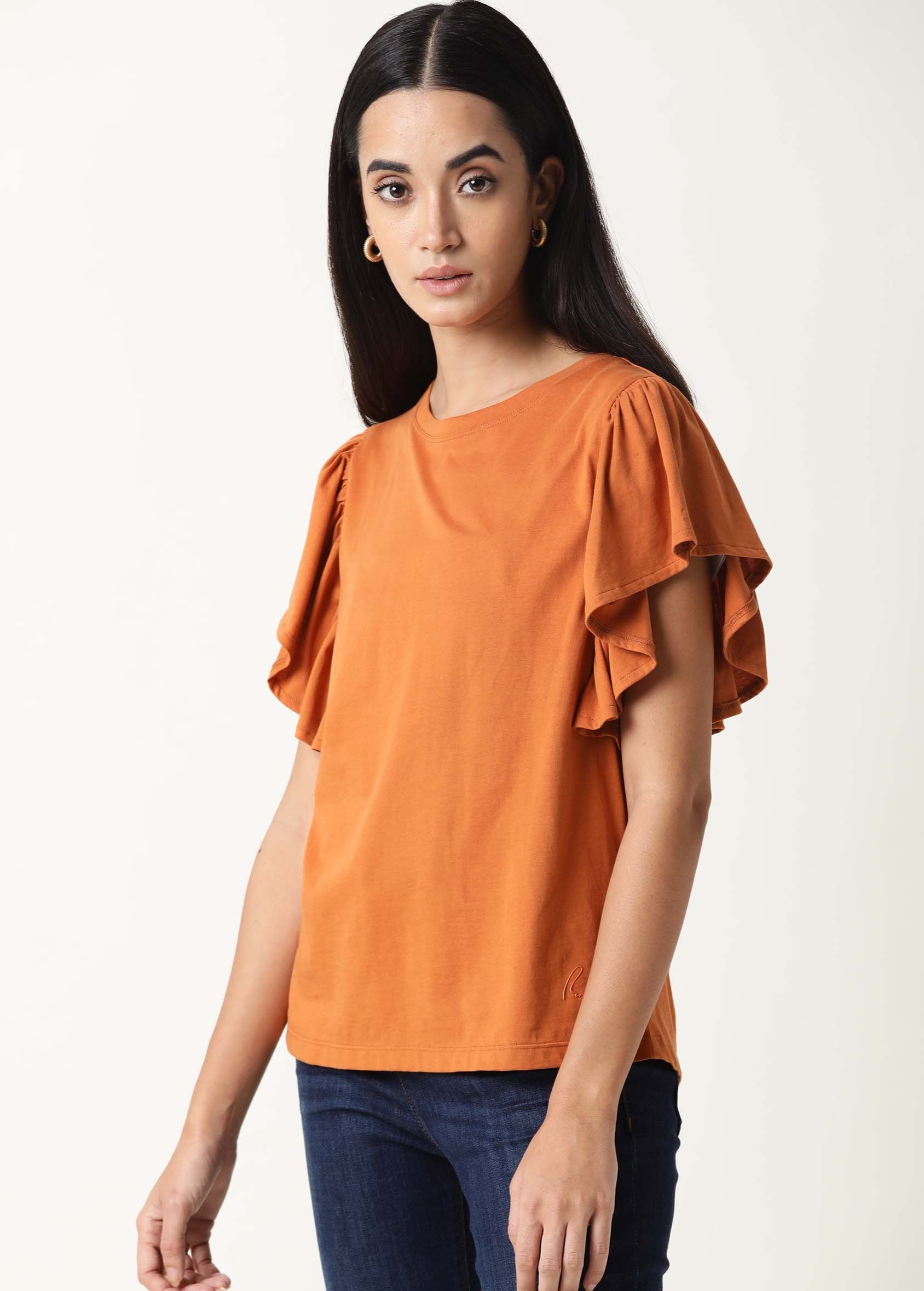 WOMENS YATCH ORANGE TOP Cotton FABRIC Regular FIT Ruffled Sleeves Crew neck