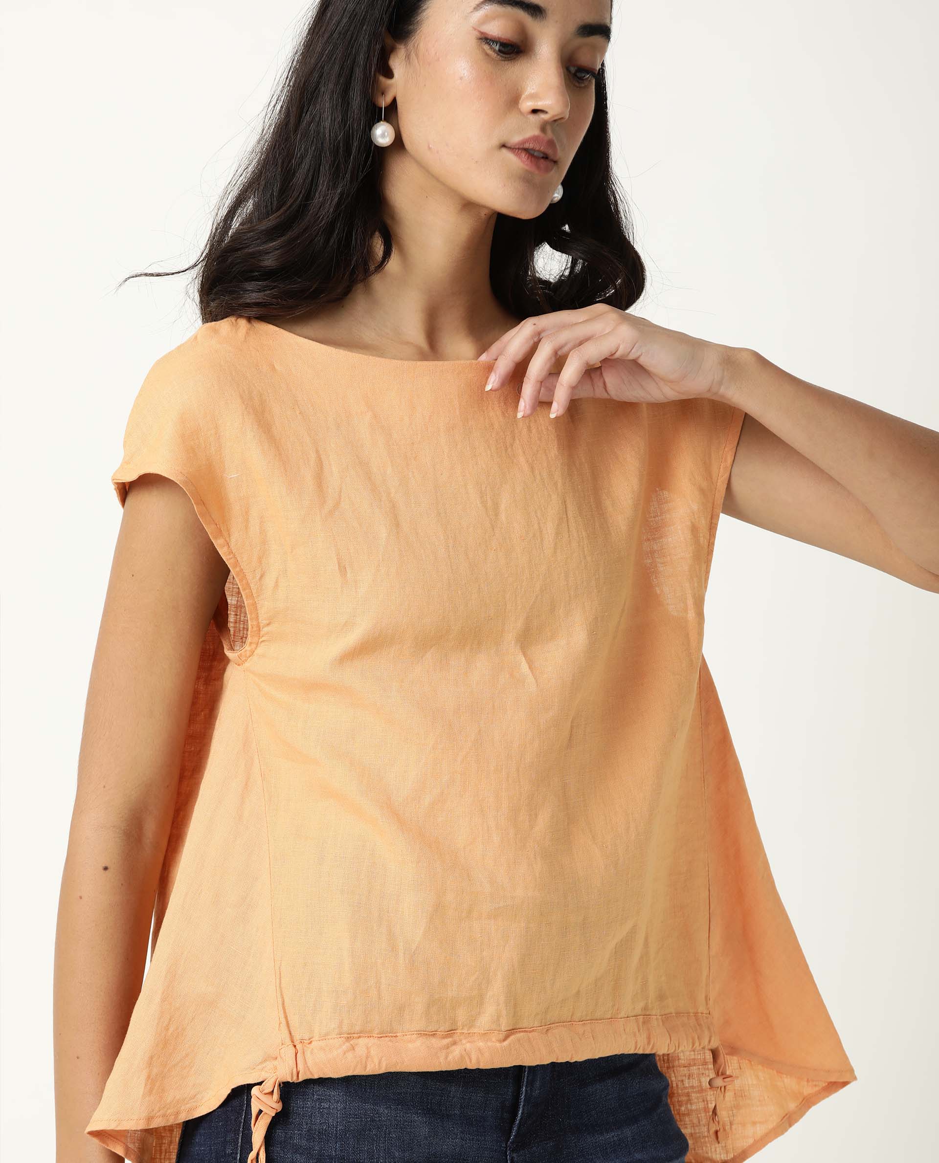 WOMENS VITA ORANGE TOP Cotton Linen FABRIC Regular FIT Extended Sleeves Round Neck