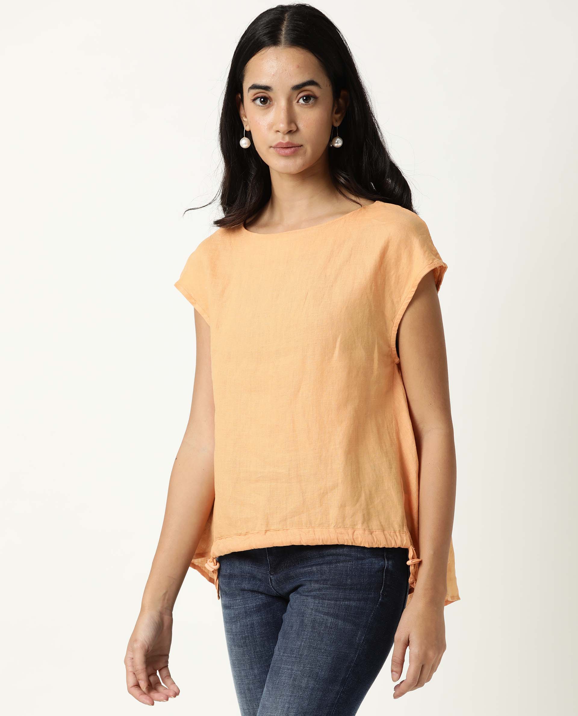 WOMENS VITA ORANGE TOP Cotton Linen FABRIC Regular FIT Extended Sleeves Round Neck