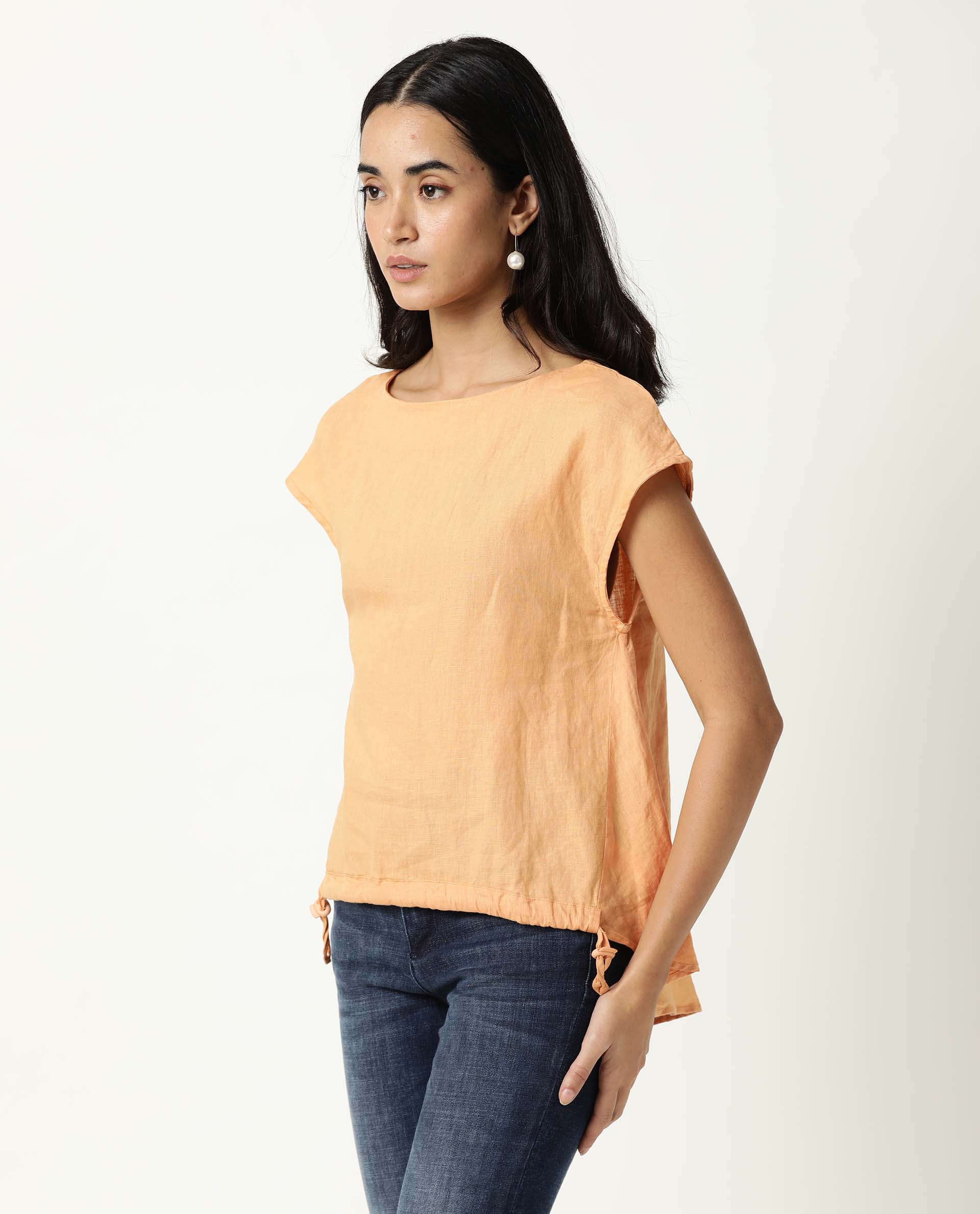 WOMENS VITA ORANGE TOP Cotton Linen FABRIC Regular FIT Extended Sleeves Round Neck