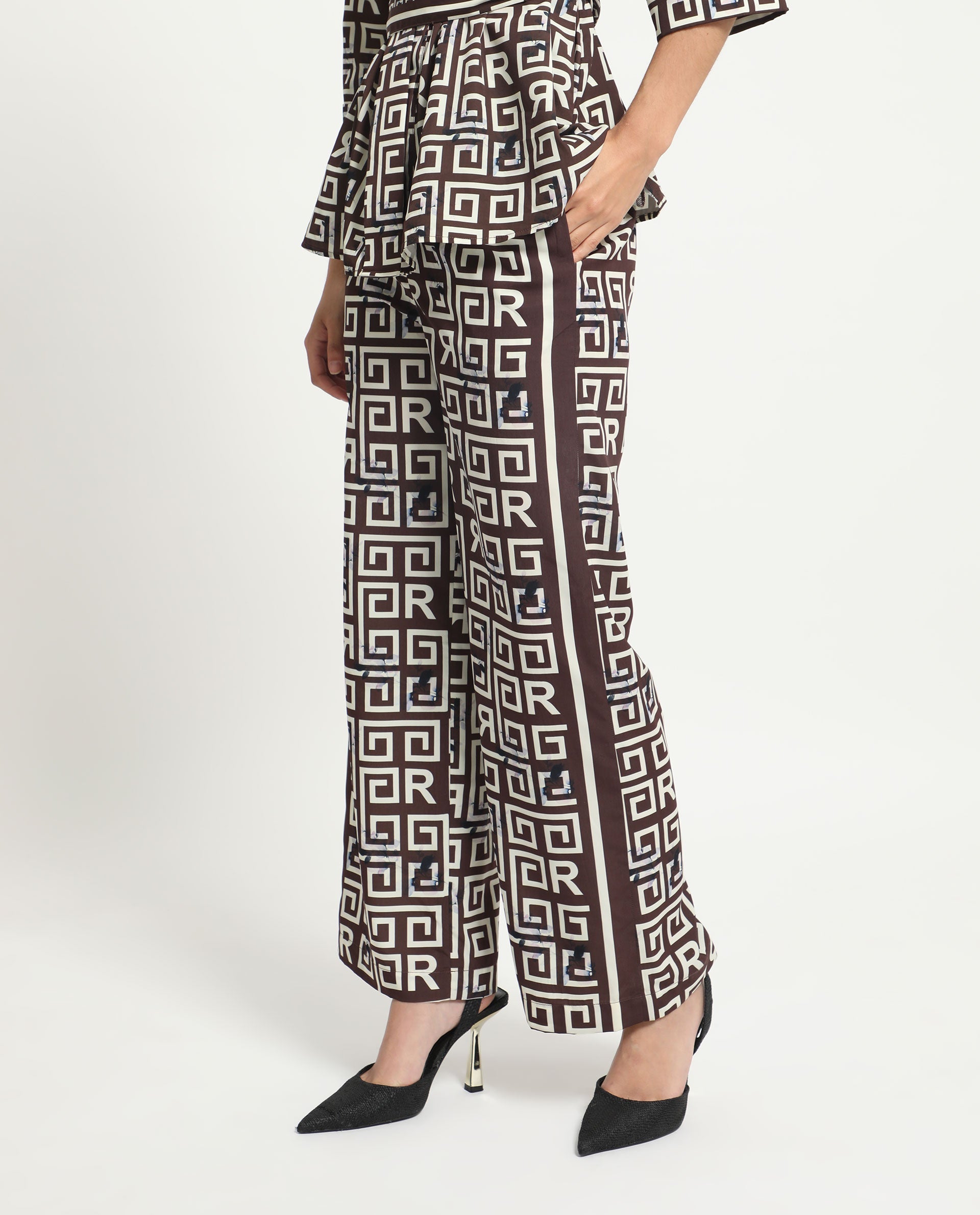 WOMEN'S WOOD BROWN TROUSER POLYESTER FABRIC PRINTED