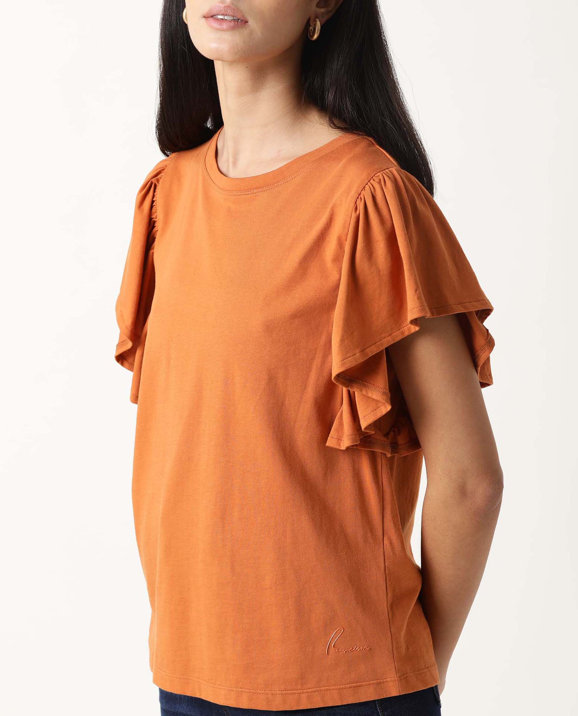 WOMENS YATCH ORANGE TOP Cotton FABRIC Regular FIT Ruffled Sleeves Crew neck