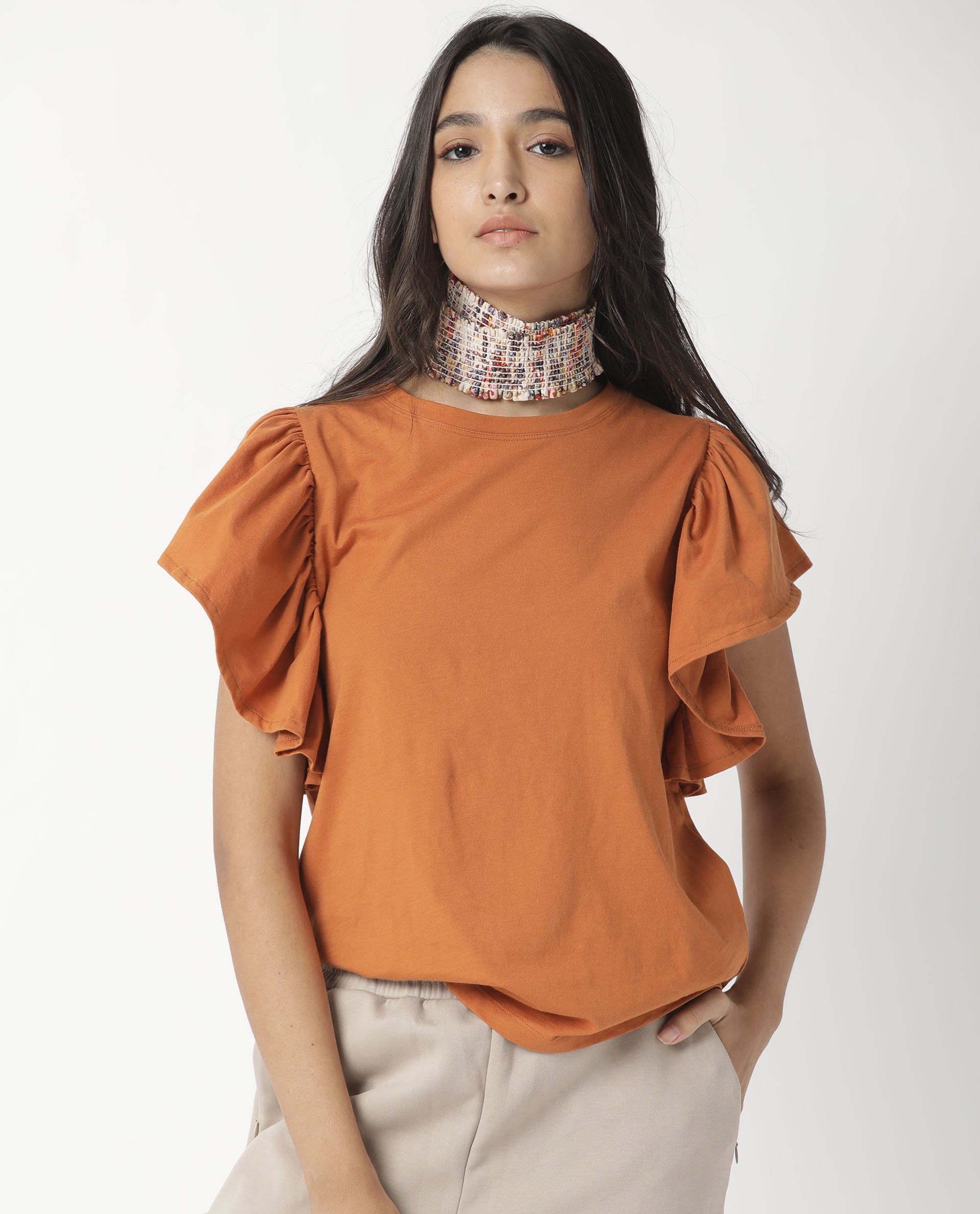 WOMENS YATCH ORANGE TOP Cotton FABRIC Regular FIT Ruffled Sleeves Crew neck