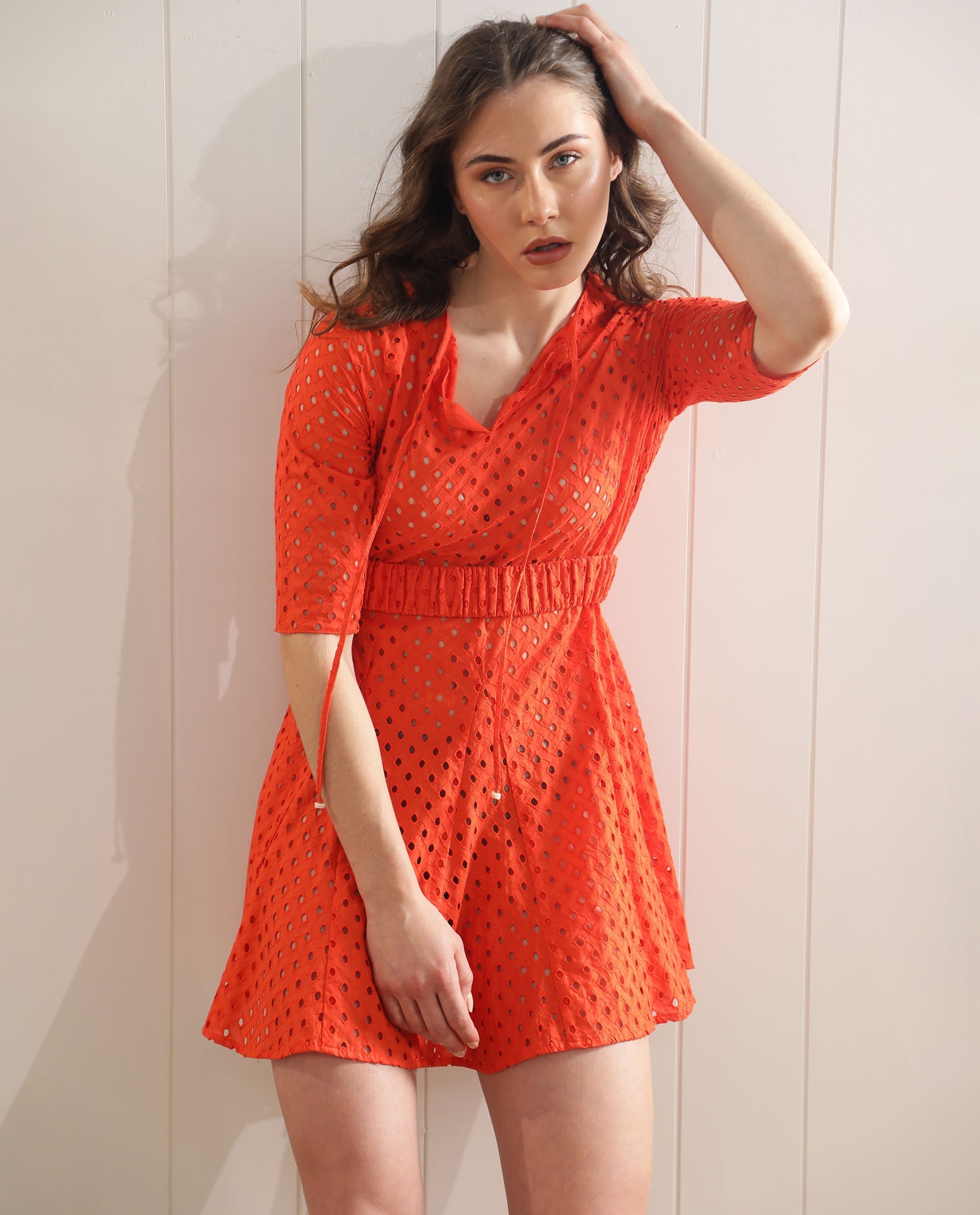 WOMEN'S BEX ORANGE DRESS COTTON FABRIC FULL SLEEVES SOLID