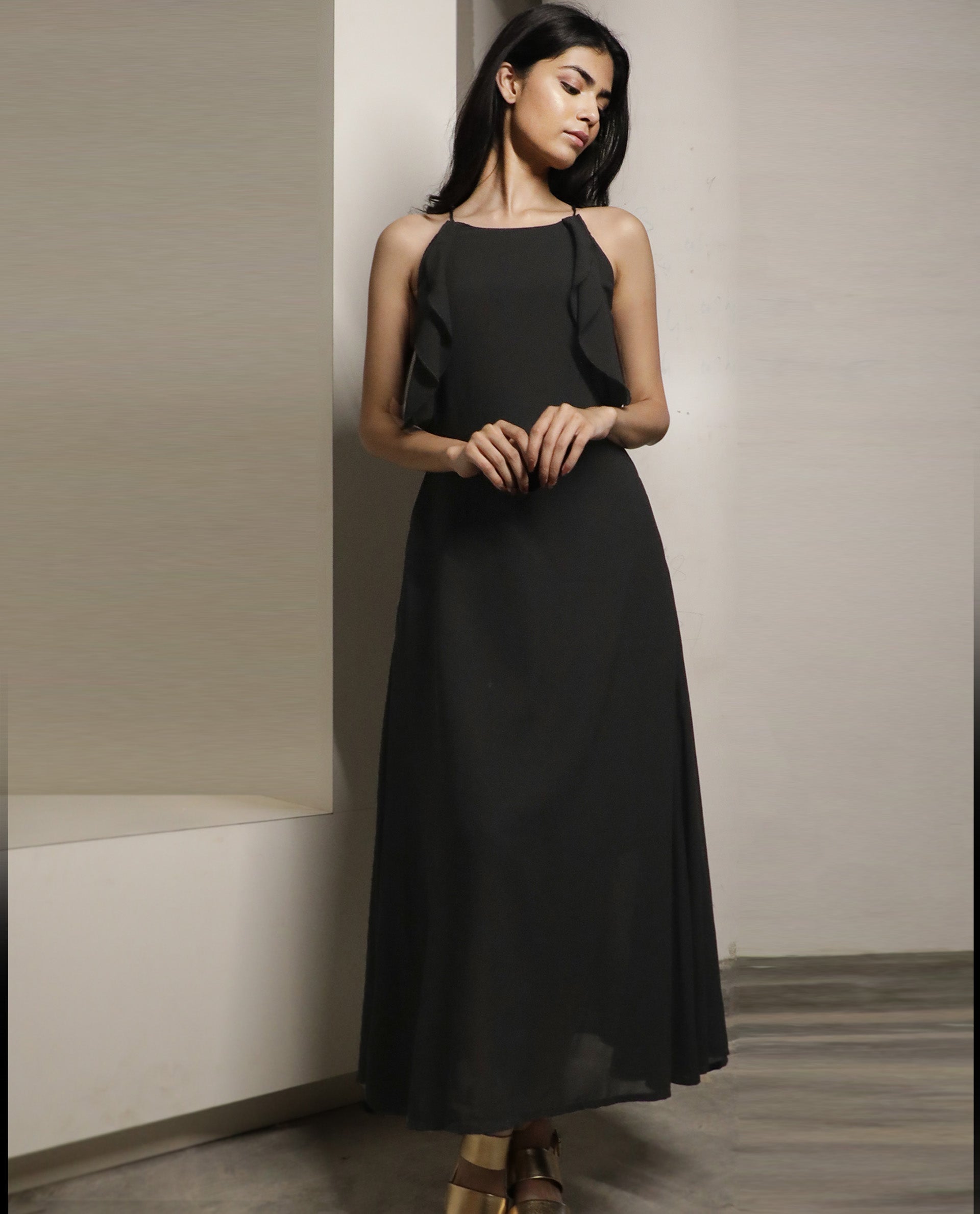 WOMENS DECORA BLACK PLAIN SLEEVELESS POLYESTER FABRIC LONG DRESS